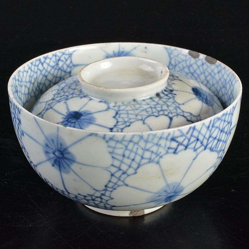 平戸焼　古平戸　染付 花鳥文煎茶碗　3客　氷裂花文蓋碗　まとめて　C　R6872