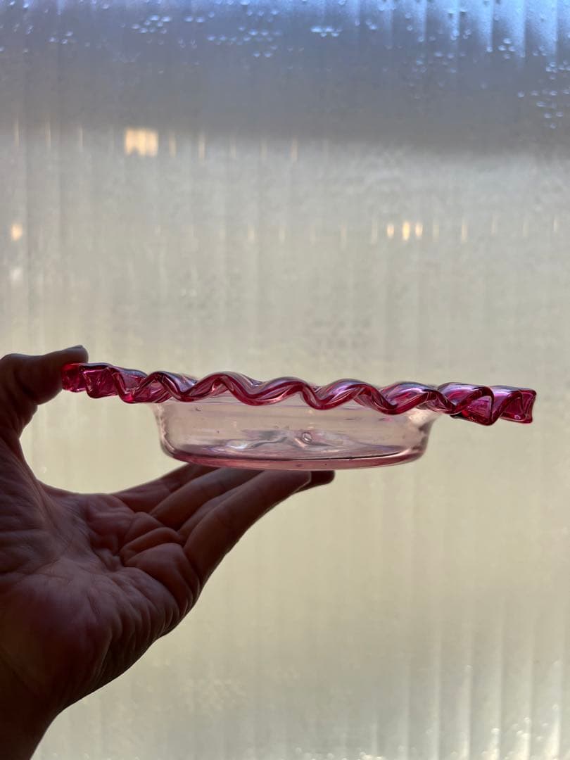 アンティーク　大正ロマン　赤縁フリル菓子器　和ガラス　氷コップ　電笠