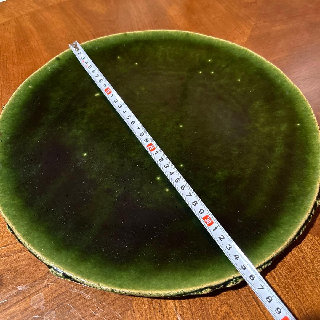 新品◆④織部焼　森脇　文直作　緑色の陶器製丸皿大皿35.5cm