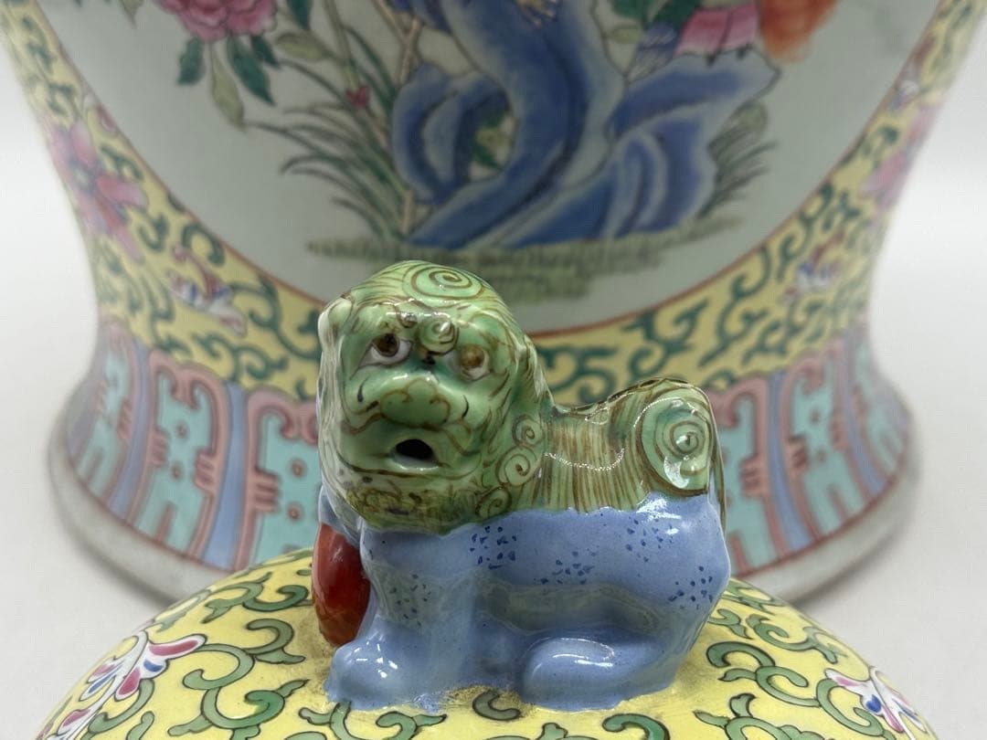 中国　清時代　粉彩　獅子摘み　花鳥紋大壺　送料込み251224