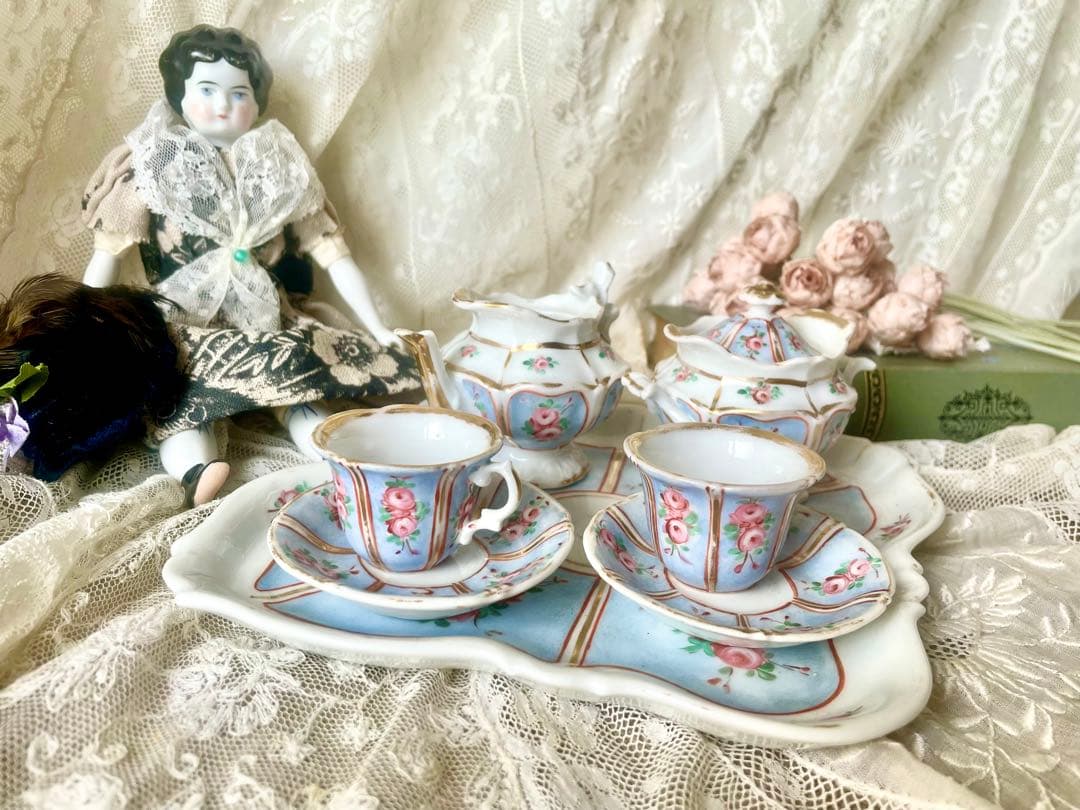 ローズ柄陶器ディネットセット　ティーセット　フランスアンティーク　ままごとドール