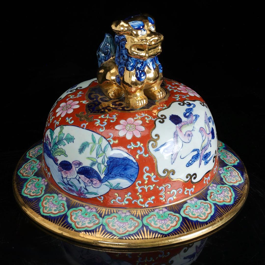 有田焼 染錦窓絵花鳥尽之図 獅子摘蓋付 沈香壺 特大99㎝ 飾壺 古美術 骨董品