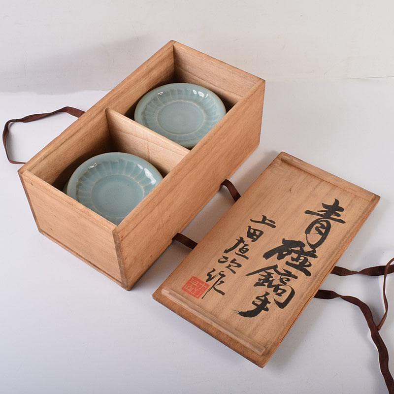 和食器　木野皿山窯　上田恒次作　青磁鎬手　銘々皿　7客　共箱　V　R7751