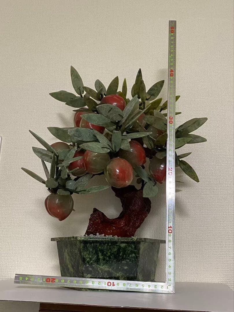 中国美術 玉石翡翠 天然石 桃の木 年代物 盆栽桃樹 玉石 置物