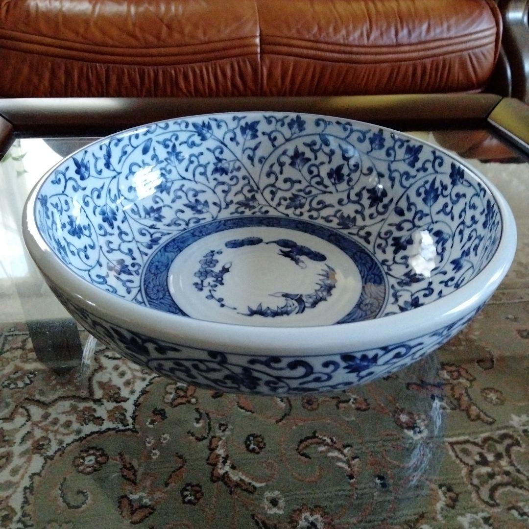 中国骨董大き目サイズ【松、竹、梅三友図染付青花洗】在銘旧家蔵希少貴重コレクション