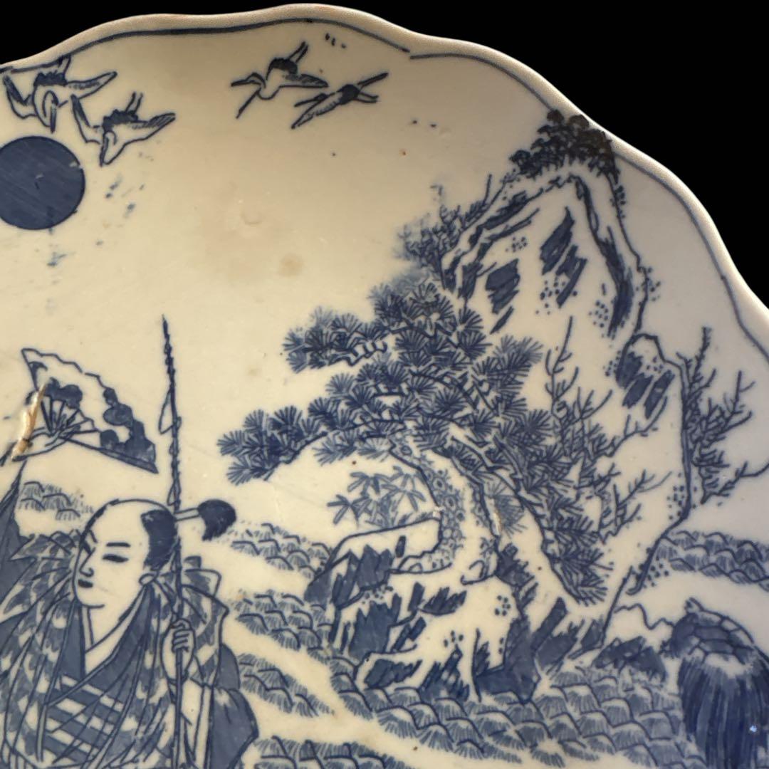 古伊万里 染付 輪鼻皿 人物文様 皿 アンティーク 鶴文 花形皿 かざりさら