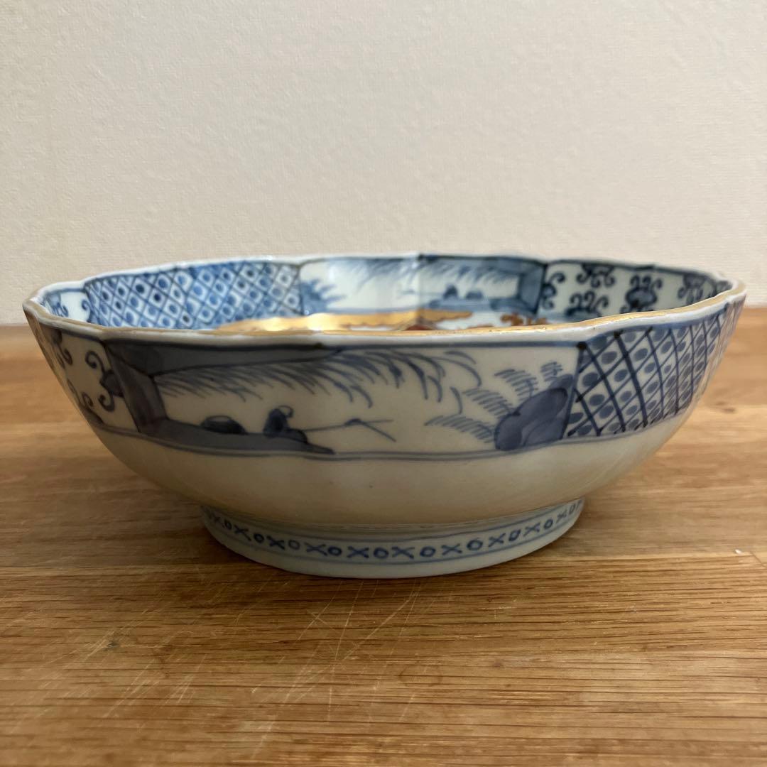 古伊万里 江戸中期色絵金彩染付 なます皿 花リム鉢 古道具 アンティーク 骨董