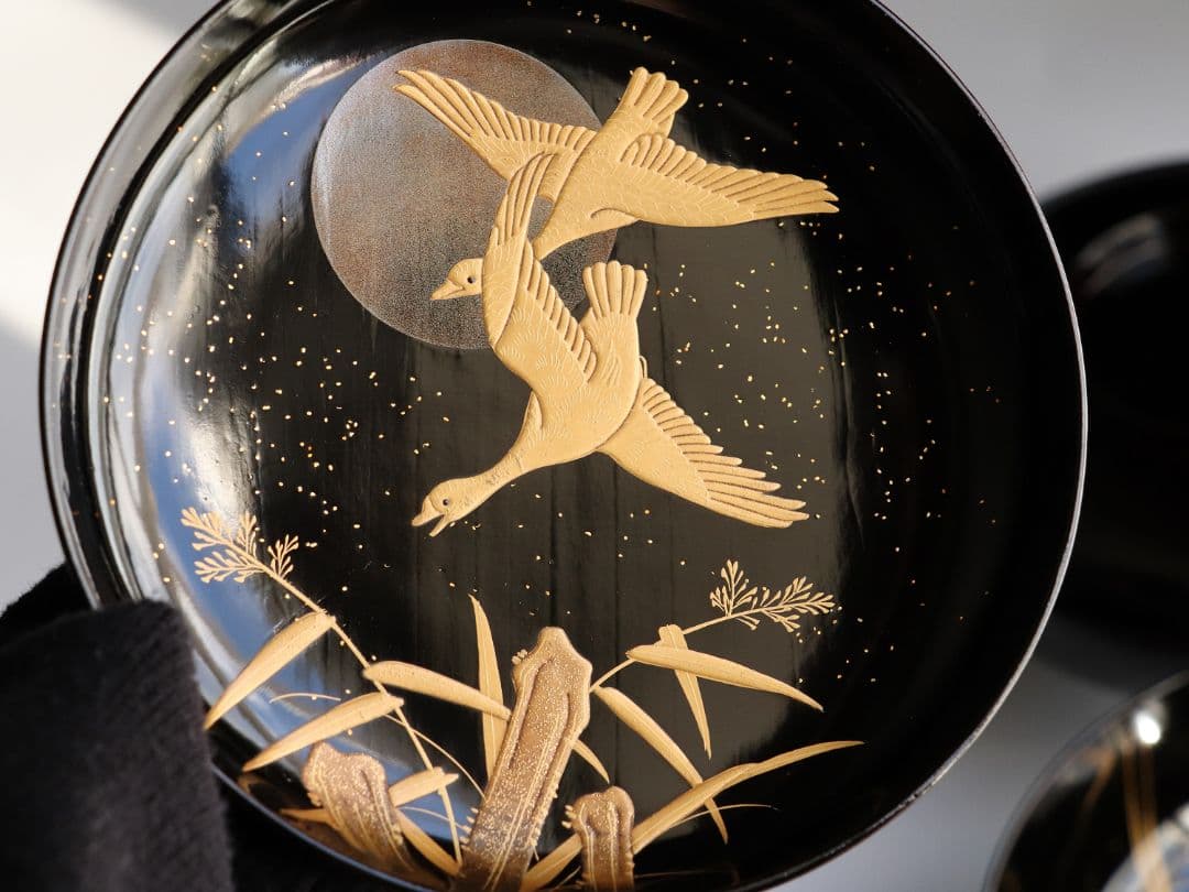 CL63 加賀蒔絵 月に雁 金蒔絵 黒塗煮物椀 二客 木製漆器 梨地 鳥 芦