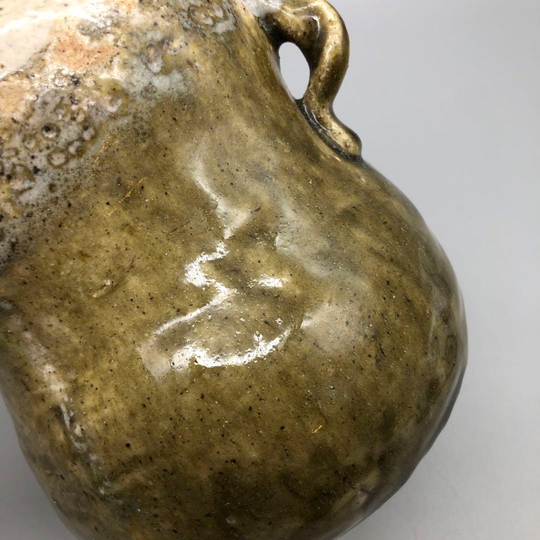 緑褐色壺型耳付き双耳陶器花入れ花瓶フラワーベース伝統工芸アンティーク骨董置物