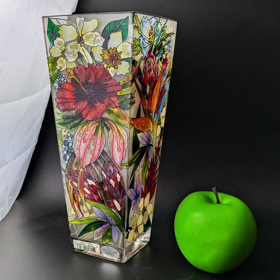 廃盤Amia製 手描き花柄ガラス花瓶 ステンドグラス風 明るいインテリアに