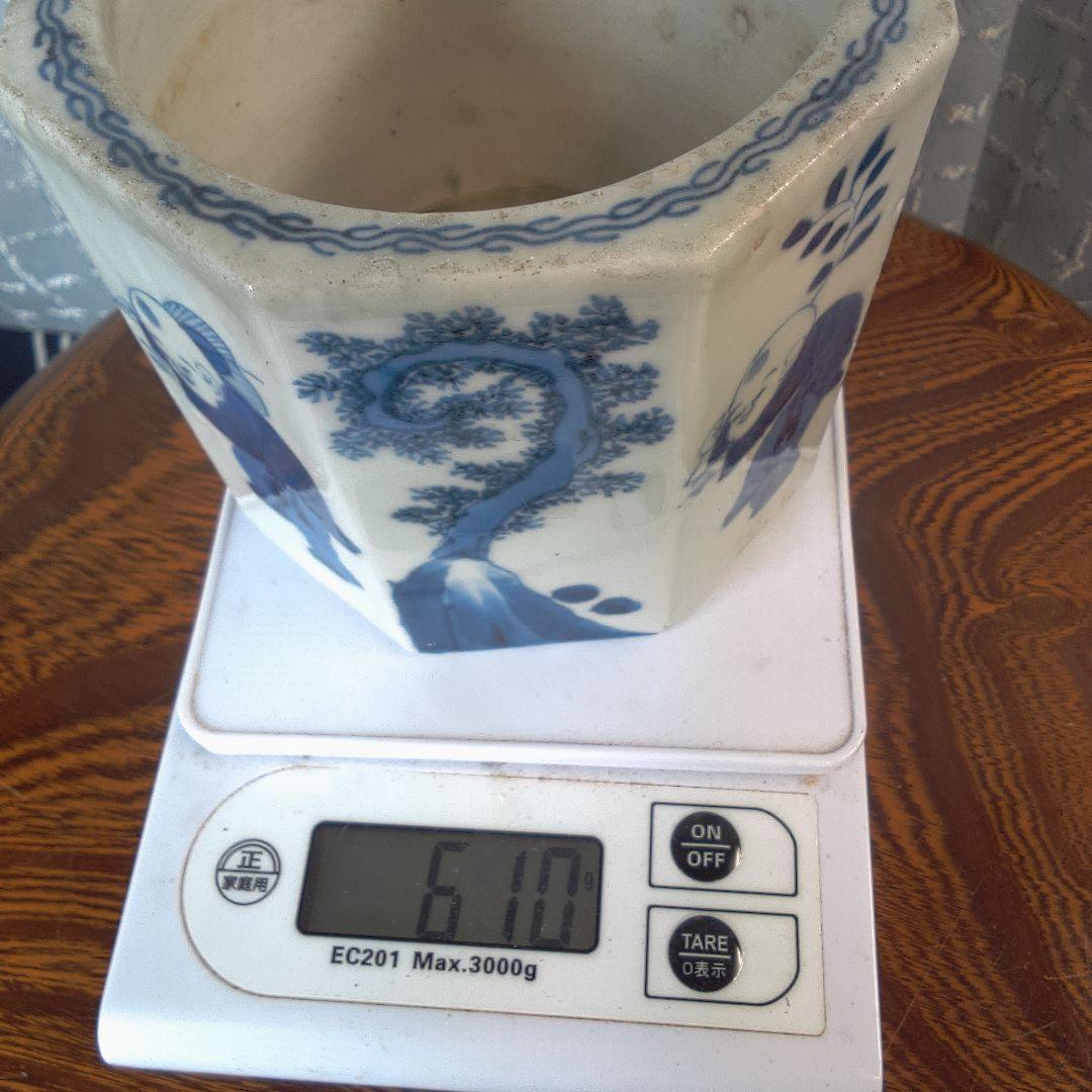 骨董５青い絵柄の八角形陶器鉢