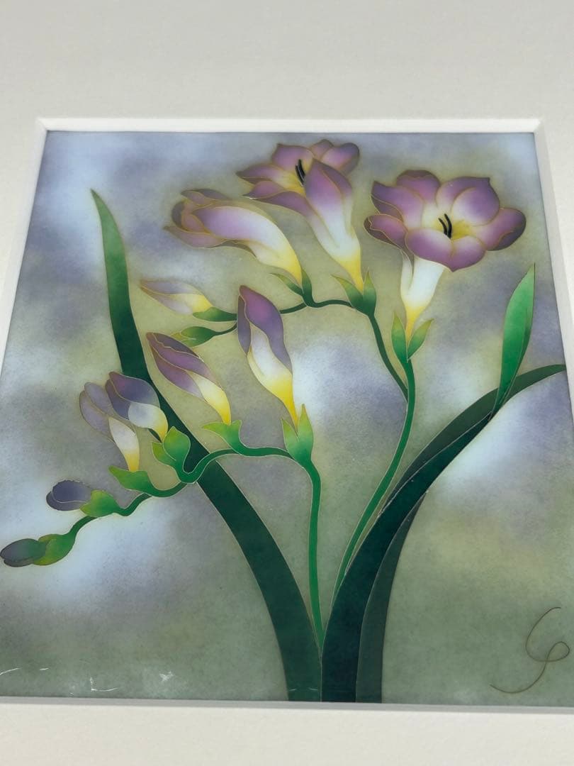 送料込み⭐︎有線七宝作家【陶板画 フリージアの花】七宝焼 安藤 七宝