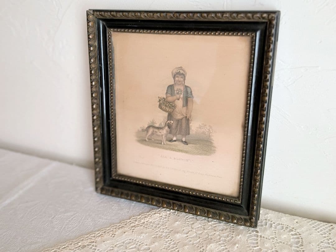 * antique picture ❀* 女の子とワンちゃんのいる 版画プリント