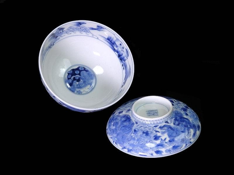 平戸　染付　唐獅子牡丹の図　蓋茶碗　E863AS-COz