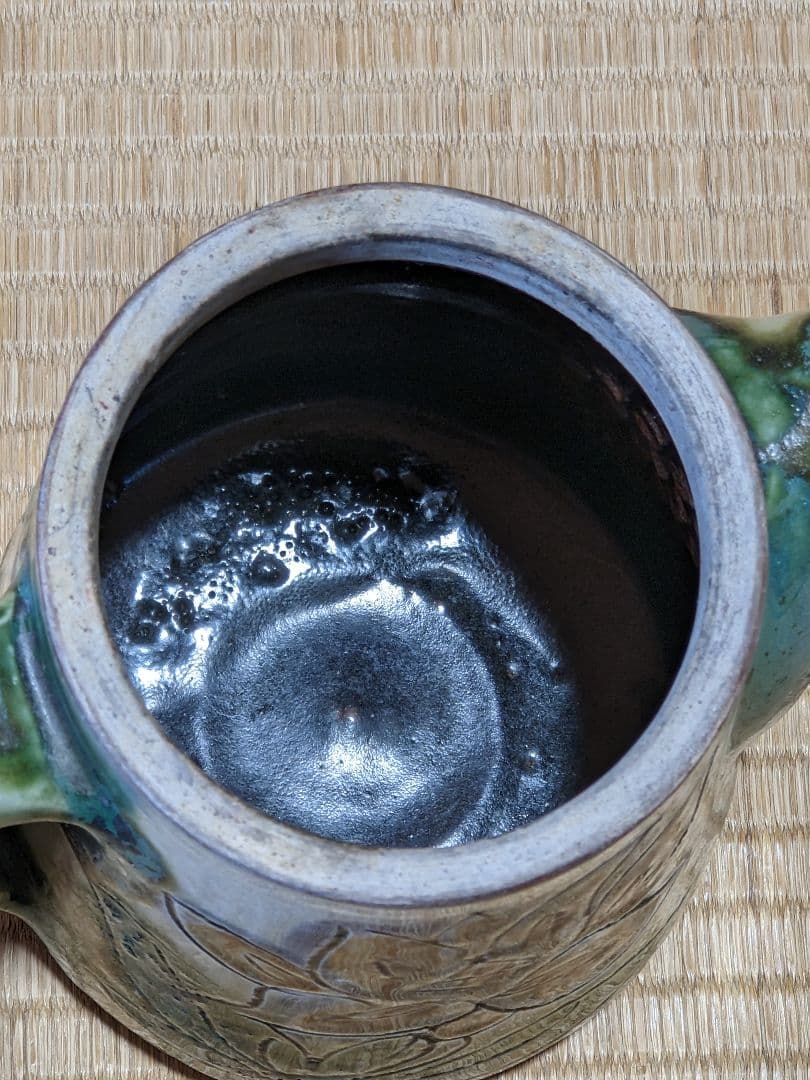 ♦民藝 琉球焼 緑釉流し掛け 箆彫り 草花文 水注 ポット 沖縄 やちむん骨董品
