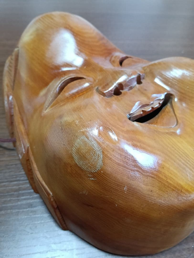 骨董　木製面　おかめ 　縁起物　手掘り　木彫り　壁掛け　お面