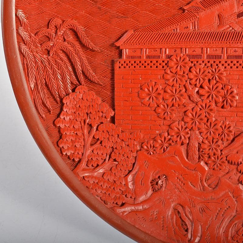 中国　剔紅　堆朱　山水楼閣文盤　飾皿　U　R6720