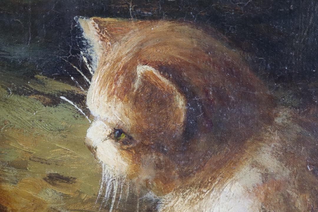 真作保証 19世紀 古画 「3匹の猫」 油彩4号 希少な動物画