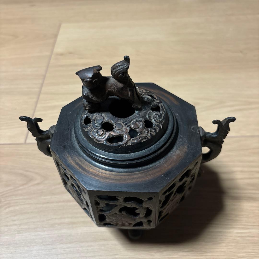 中国 古銅 香炉 古玩 銘有獅子蓋付き香炉　底部に記念款「大明宣徳年製」