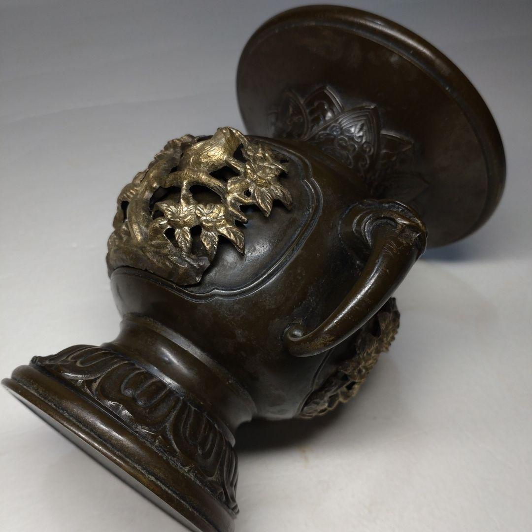 銅製 花鳥図 五具足 在銘／獅子香炉 燭台 花立 法具 仏教 仏壇 彫金 獣耳