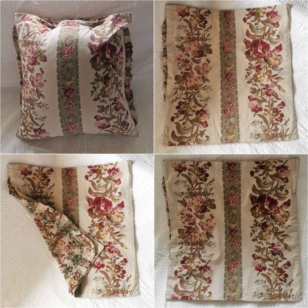 ヴィンテージ フランス スモック＆バリオン刺繍 花柄ファブリッククッションカバー