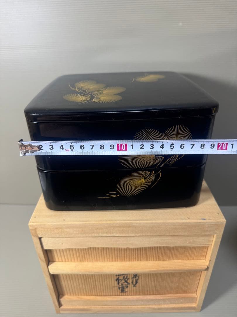 2177  古美術 輪島塗 寿光堂造　沈金蒔絵 二段重 重箱 共箱 時代物