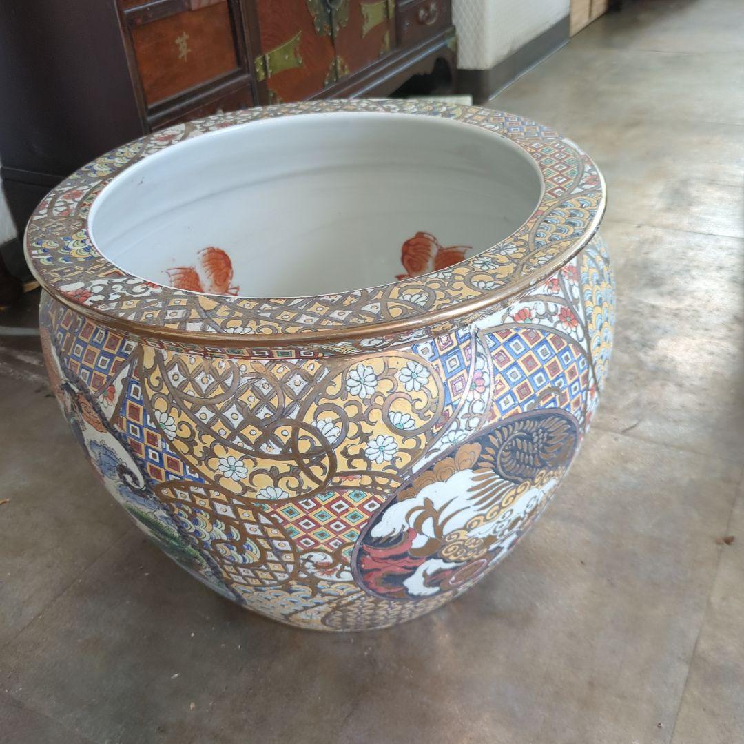 骨董 金魚 鉢 水鉢 めだか 睡蓮鉢 鉢カバー テーブル 金箔装飾 陶器鉢