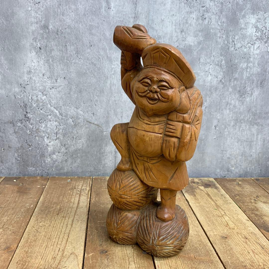 4F 【縁起物】木彫り 恵比寿 大黒天 2体セット 彫刻 置物