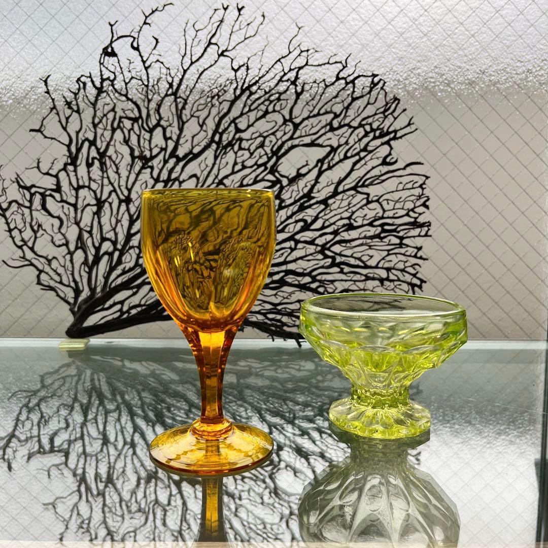 骨董　時代ガラス　希少鼈甲色　ライトアンバー飴色　オーバルカット　切子　ウラン