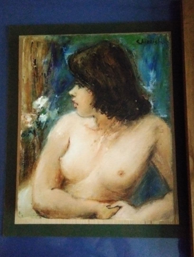 油絵　白石延夫　花と少女　F 3号