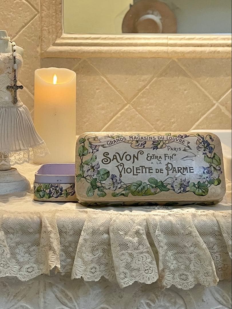 ◆フランスアンティーク｜レア1900年代パリ石鹸箱アールヌーボー紙箱すみれ紫花