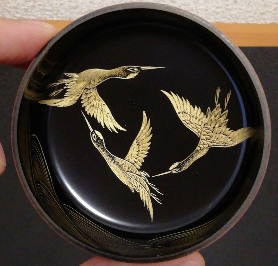 秀治作　沈金　鶴　棗　共箱　共布　茶道具